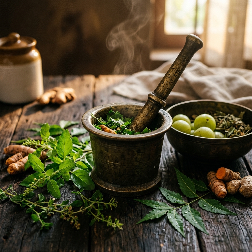Traditional herbs and stethoscope representing integrative medicine